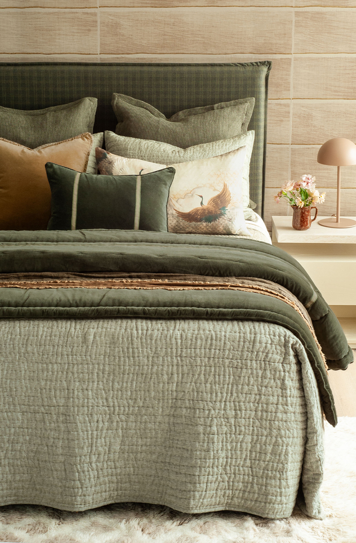 Bianca Lorenne Misaka Light Moss Bedspread | Luxury Linen Bedspread NZ image 1